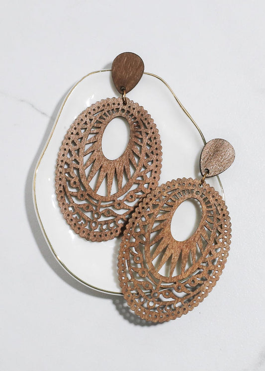 Wooden Oval Drop Earrings